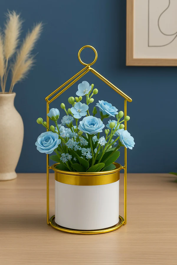 ZTH98 Golden Metal House-Shaped Stand with Artificial Blue Roses