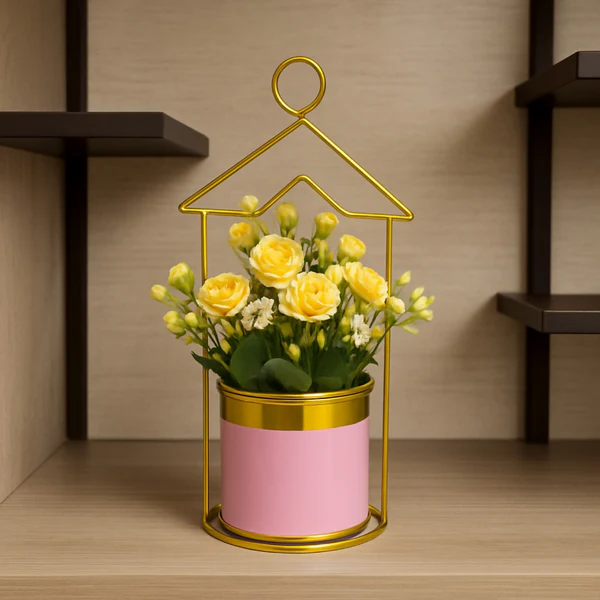 ZTH99 Elegant Yellow Artificial Flower Pot with Golden Metal Stand and Pink Pot
