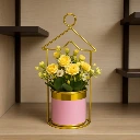 ZTH99 Elegant Yellow Artificial Flower Pot with Golden Metal Stand and Pink Pot