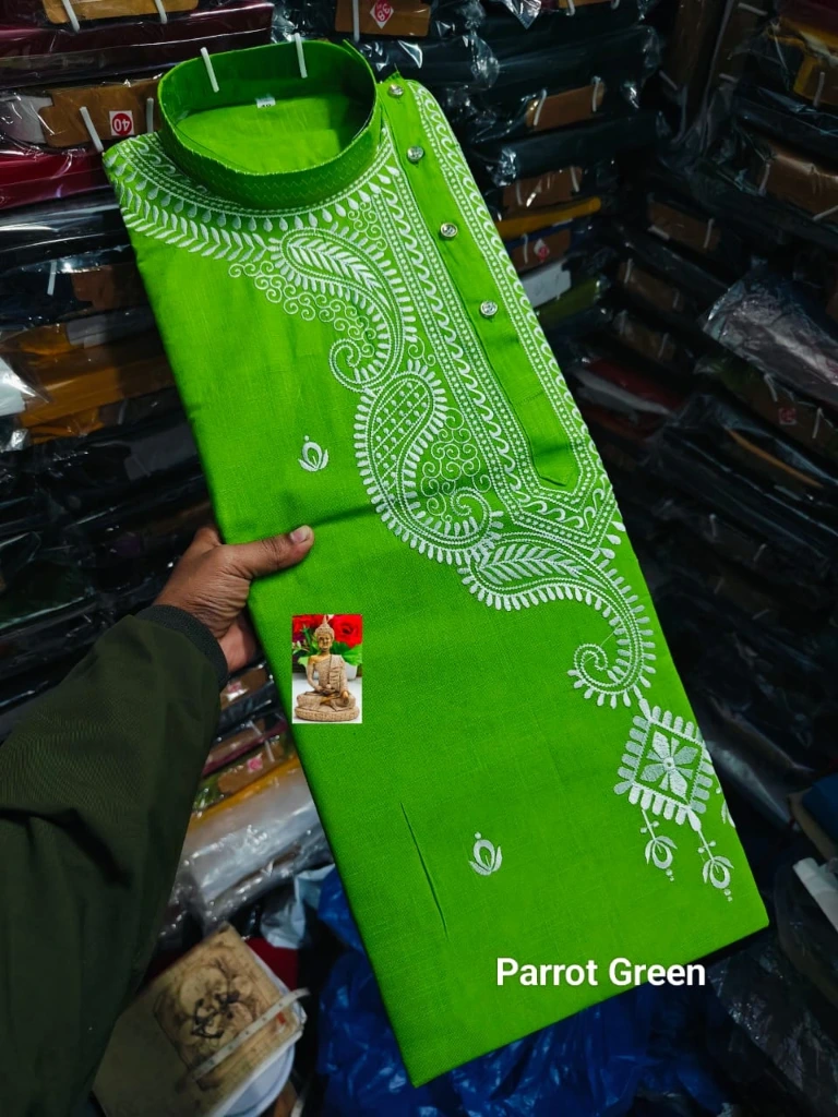 ZTNSK1 Men’s Cotton Embroidered Signature Hand-Style Kurta (Parrot Green) (S (38 Inches))