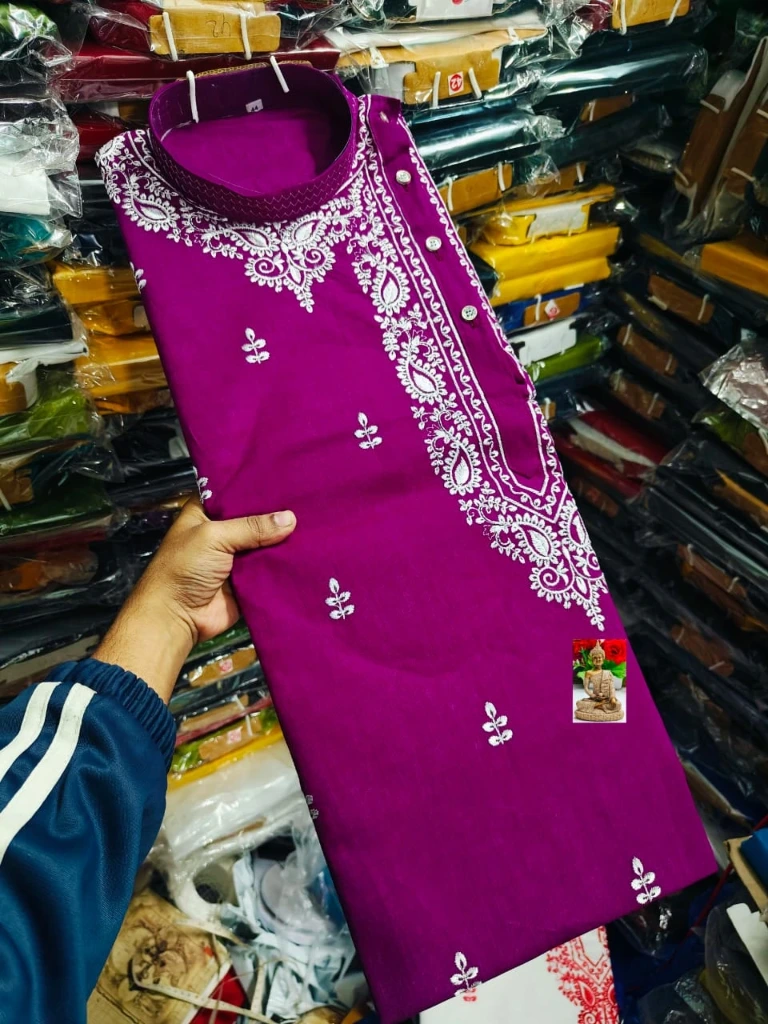 ZTNSK2 Men’s Cotton Embroidered Signature Hand-Style Kurta (Deep Purple) (S (38 Inches))