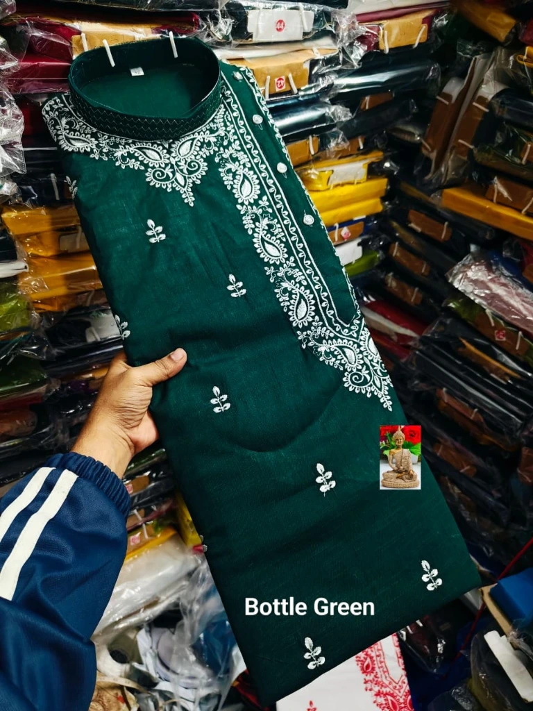 ZTNSK3 Men’s Cotton Embroidered Signature Hand-Style Kurta (Bottle Green) (S (38 Inches))