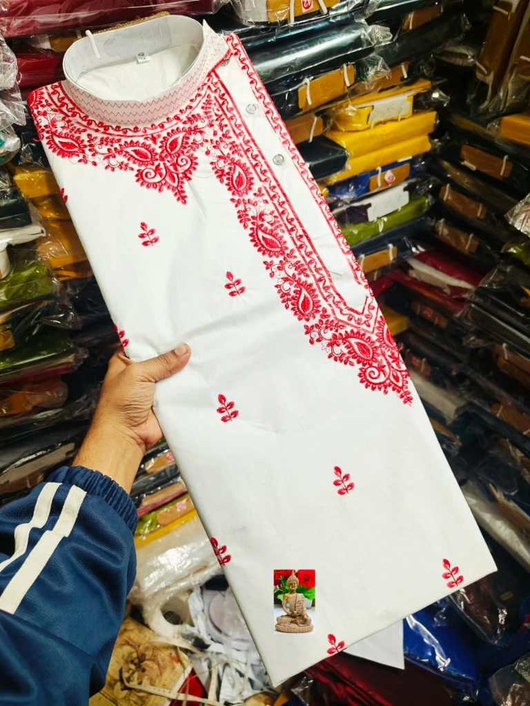 ZTNSK4 Men’s Cotton Embroidered Signature Hand-Style Kurta (White & Red Color Printed) (S (38 Inches))