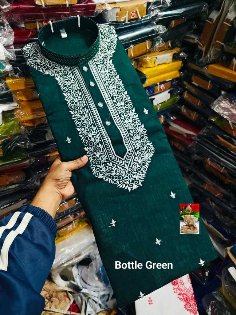 ZTNSK5 Men’s Cotton Embroidered Signature Classic Bottle Green White-Thread Hand-Style Kurta