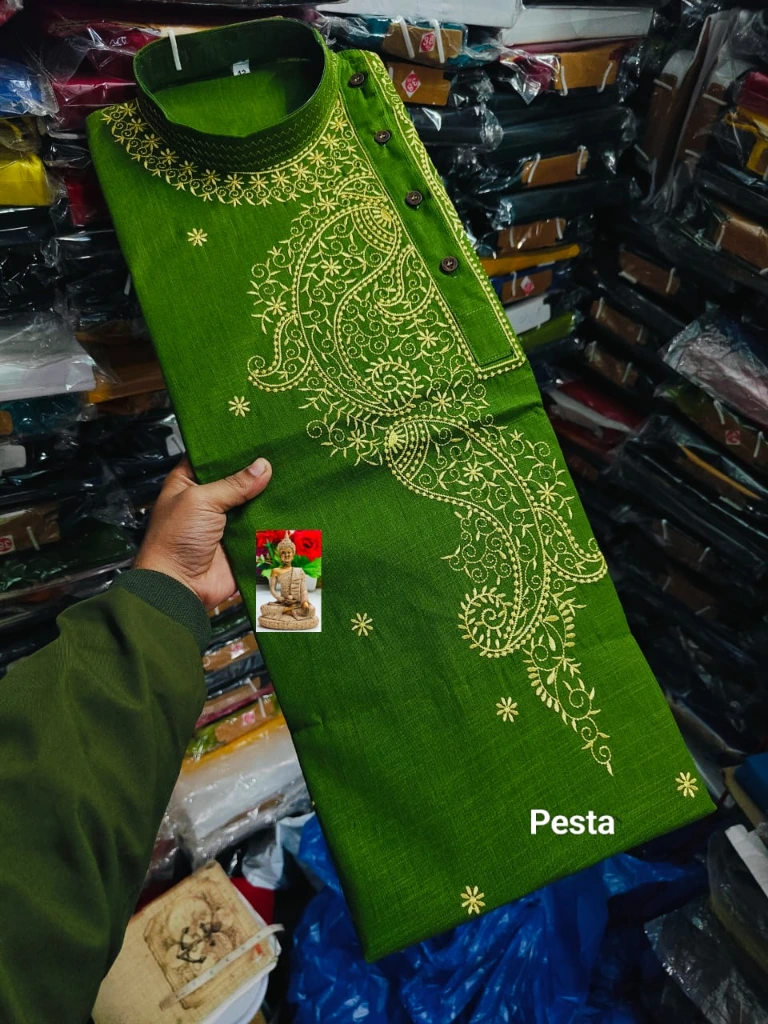 ZTNSK11 Men’s Cotton Embroidered Signature Hand-Style Kurta (Pesta Color) (S (38 Inches))