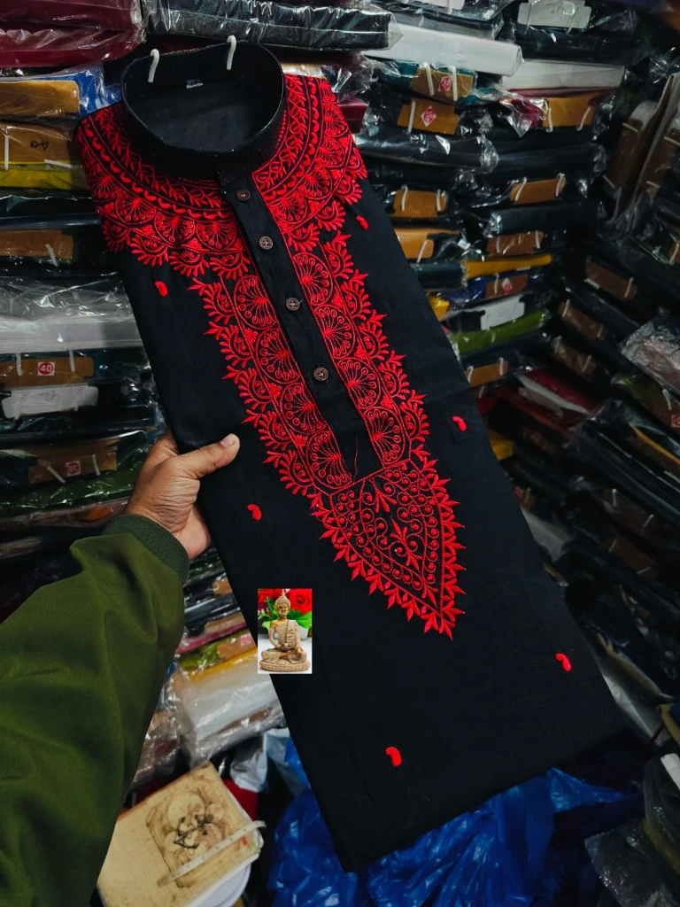 ZTNSK12 Men’s Cotton Embroidered Signature Hand-Style Kurta (Black & Red Printed) (S (38 Inches))