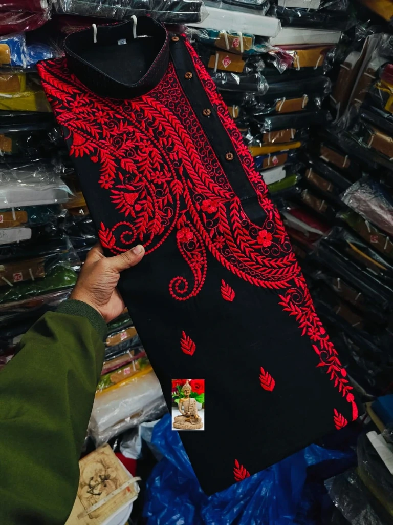 ZTNSK13 Men’s Cotton Embroidered Signature Hand-Style Kurta (Black & Red Printed) (S (38 Inches))