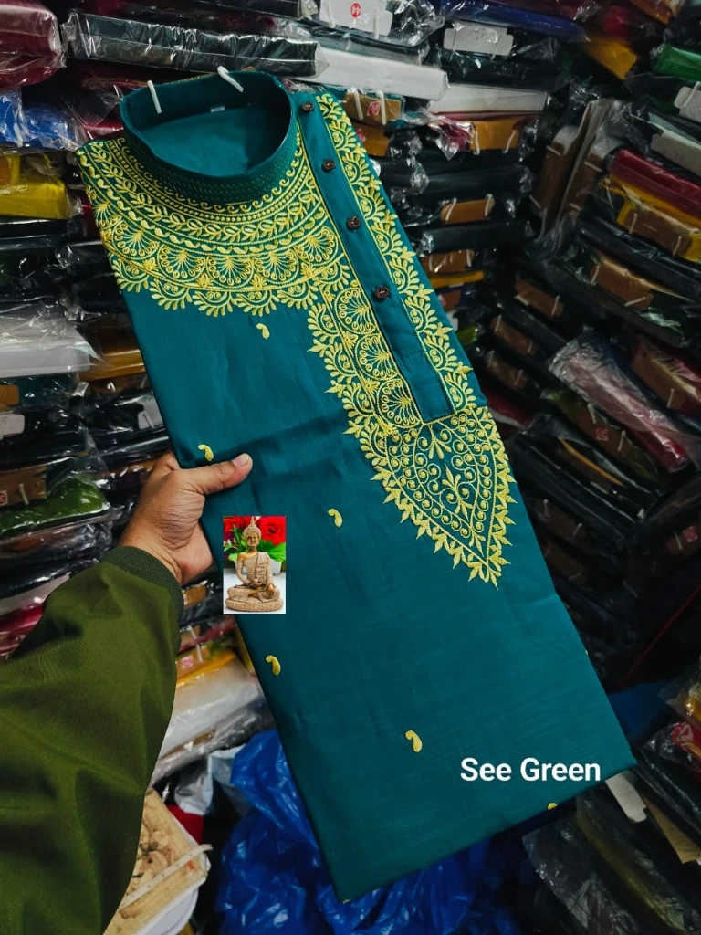 ZTNSK14 Men’s Cotton Embroidered Signature Hand-Style Kurta (Sea Green) (S (38 Inches))