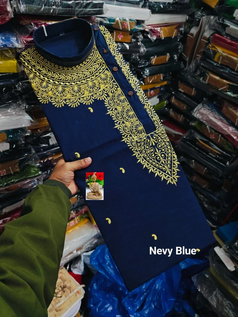 ZTNSK15 Men’s Cotton Embroidered Signature Hand-Style Kurta (Navy Blue) (S (38 Inches))
