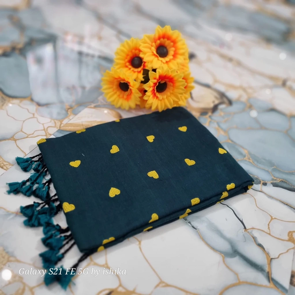 ZTNSS1 Women Classic Khadi Cotton Saree Heart Woven Design (Dark Green With Yellow Heart-Shaped)