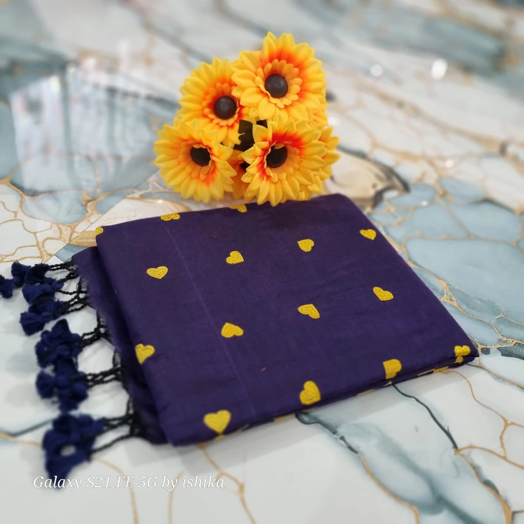 ZTNSS2 Women Classic Khadi Cotton Saree Heart Woven Design (Dark Blue With Yellow Heart-Shaped)