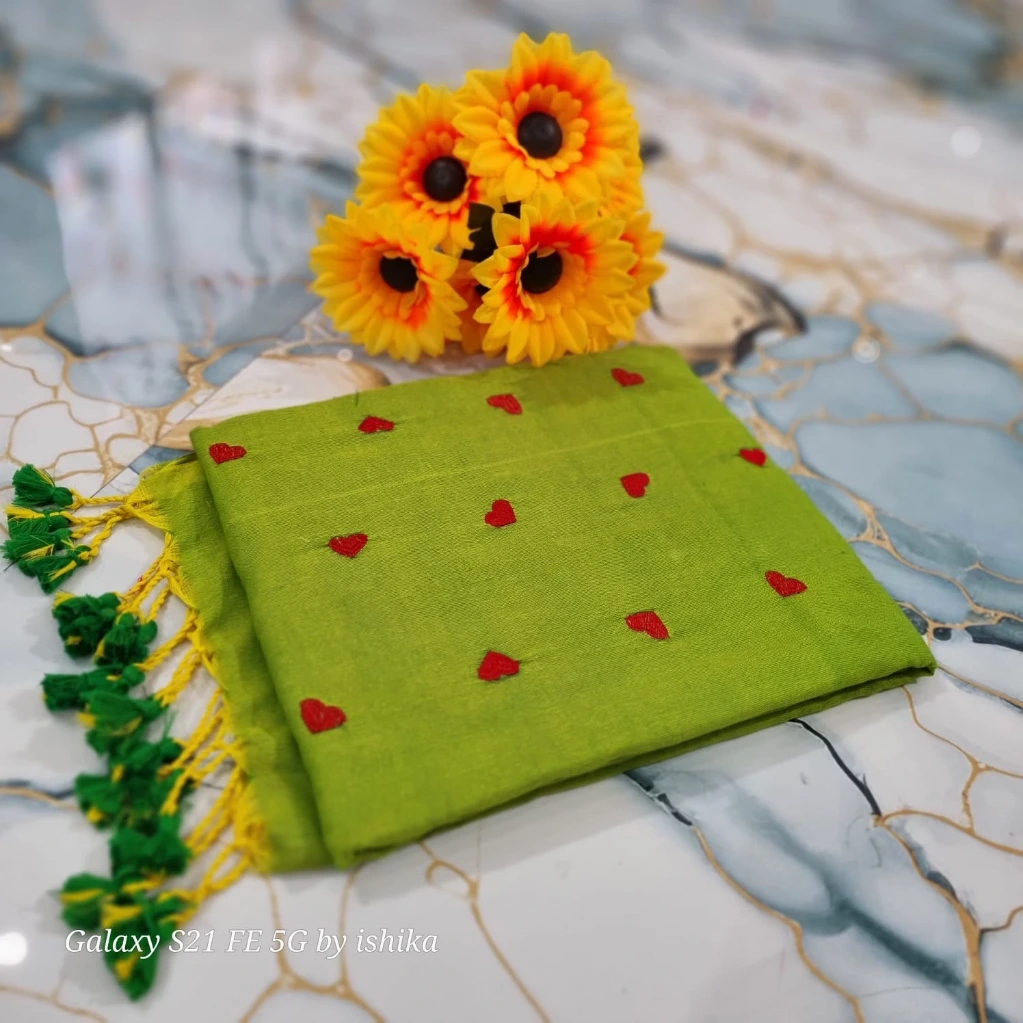 ZTNSS11 Women Classic Khadi Cotton Saree Heart Woven Design (Lime Green With Red Heart-Shaped)