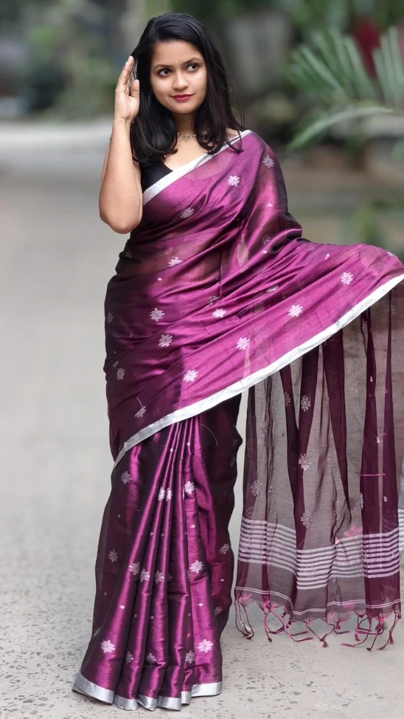 ZTNSS19 Women's Tissue Soft Jamdani Saree in Wine Color with Silver Zari Border