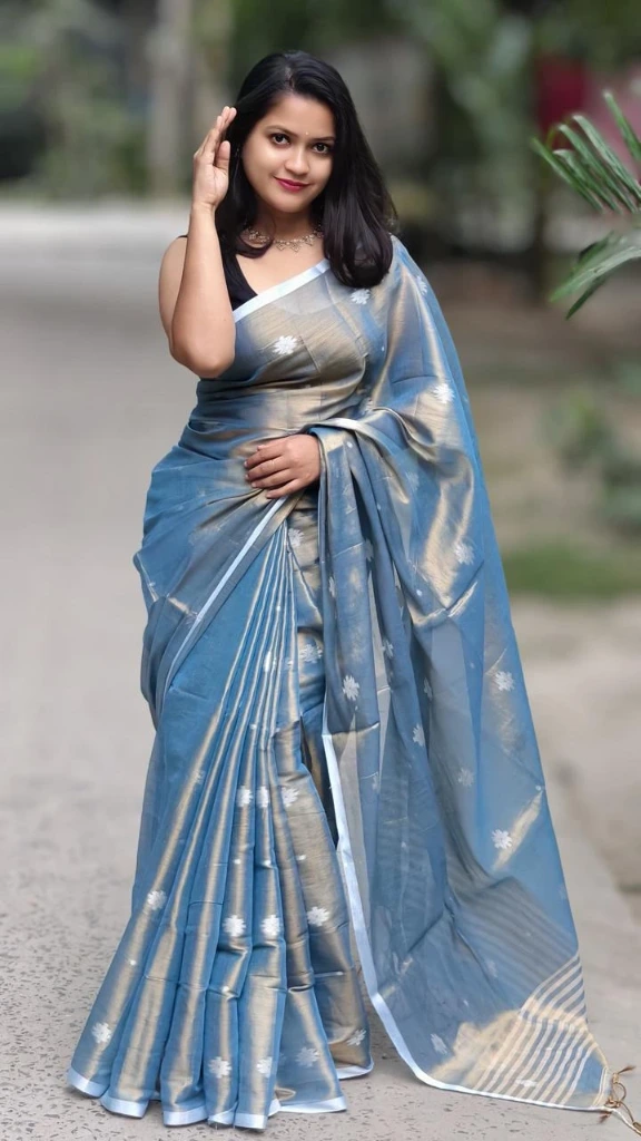 ZTNSS23 Women's Tissue Soft Jamdani Saree in Aqua Blue Color with Silver Zari Border