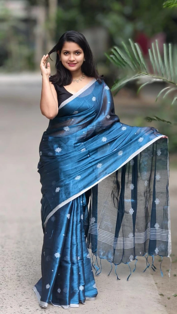 ZTNSS24 Women's Tissue Soft Jamdani Saree in Teal Blue & Green Color with Silver Zari Border