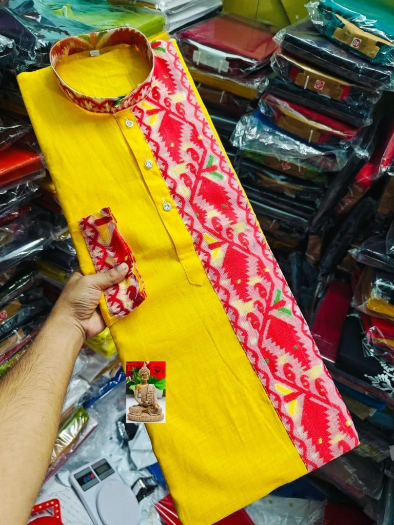 ZTNSK20 All Over Jamdani Panjabi Pure Cotton Premium Traditional Wear (Bright Yellow)