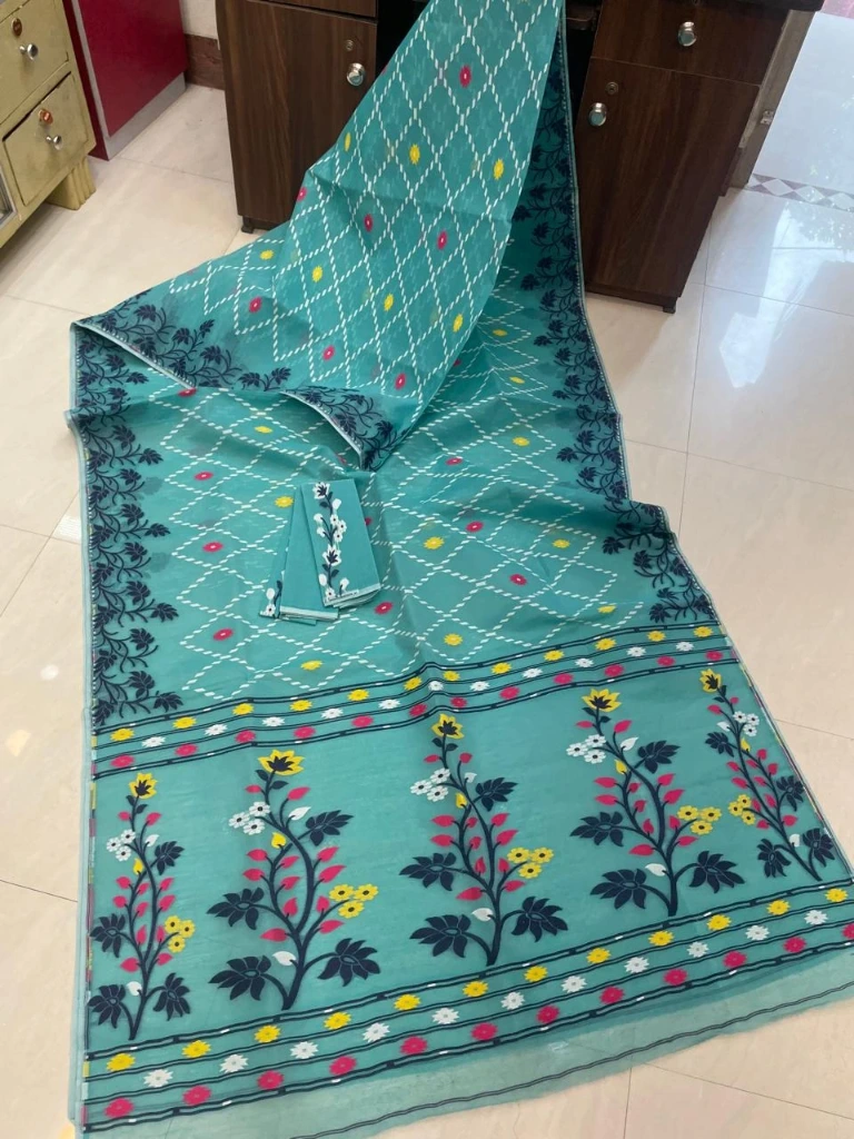 ZTNSS26 Premium Dhakai Jamdani Saree with Matching Blouse Piece (Aqua Blue)