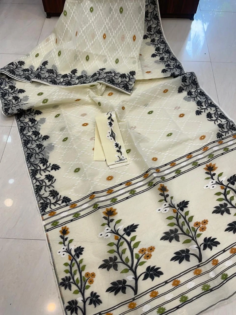 ZTNSS27 Premium Dhakai Jamdani Saree with Matching Blouse Piece (Pristine White)