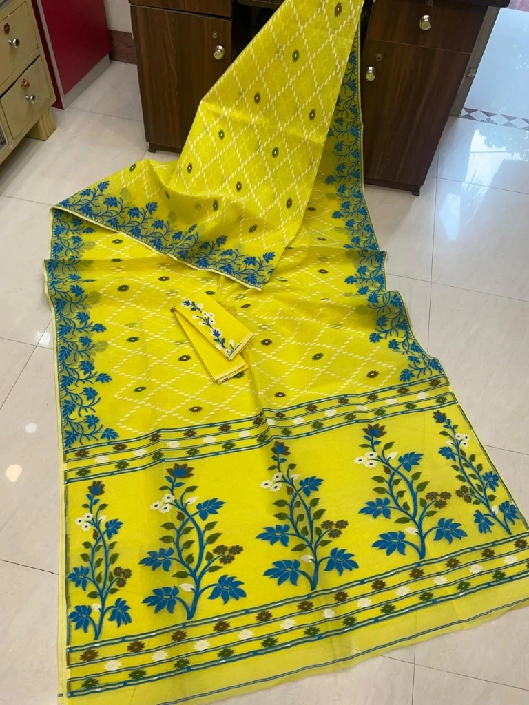 ZTNSS29 Premium Dhakai Jamdani Saree with Matching Blouse Piece (Vibrant Yellow)