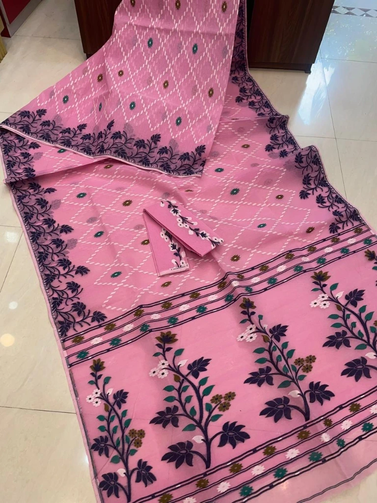 ZTNSS30 Premium Dhakai Jamdani Saree with Matching Blouse Piece (Pink)