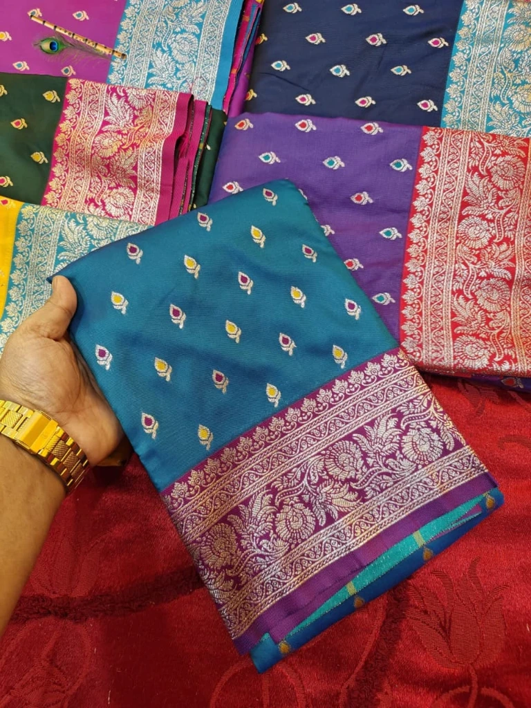 ZTNSS35 Premium Mina Banarasi Soft Silk Saree (Teal Blue & Purple Border)