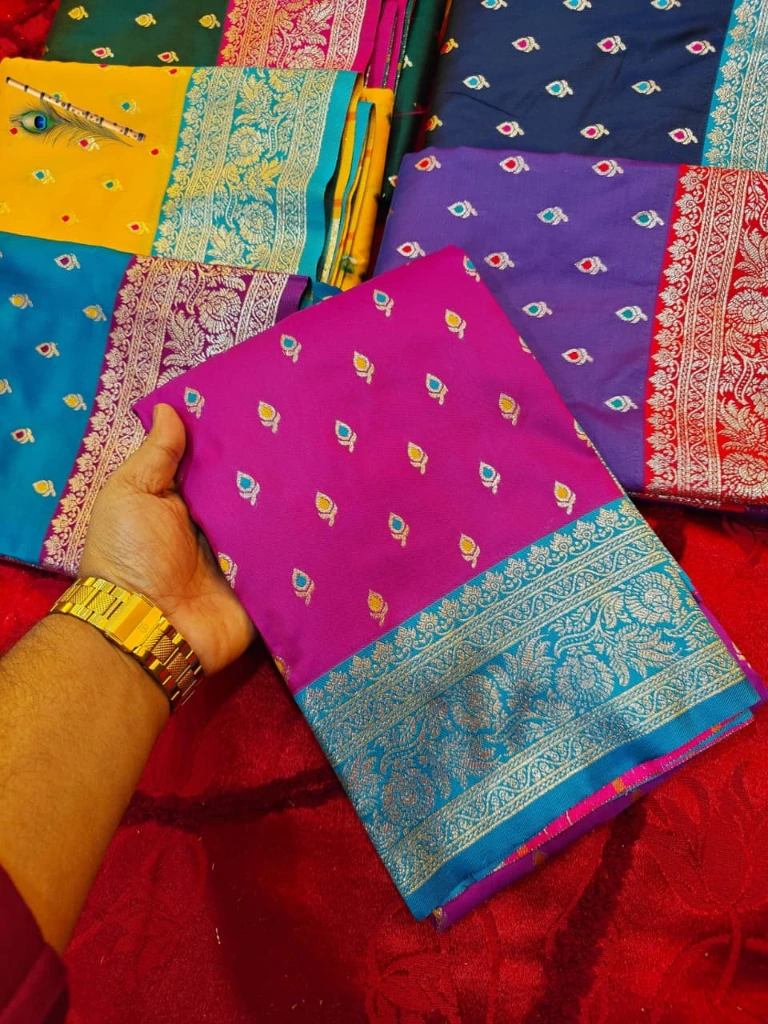 ZTNSS36 Premium Mina Banarasi Soft Silk Saree (Bright Pink & Blue Border)