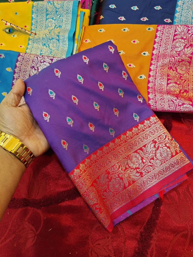 ZTNSS38 Premium Mina Banarasi Soft Silk Saree (Violet & Magenta Border)