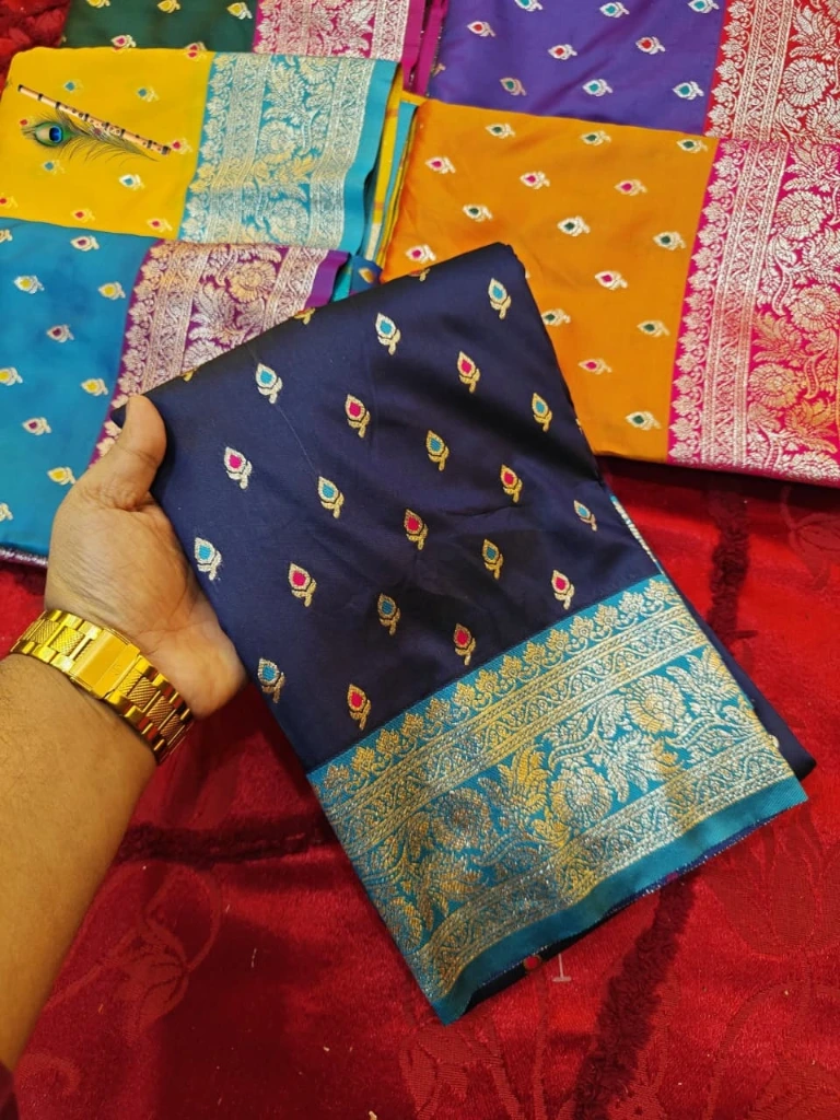 ZTNSS39 Premium Mina Banarasi Soft Silk Saree (Dark Blue & Teal Blue Border)