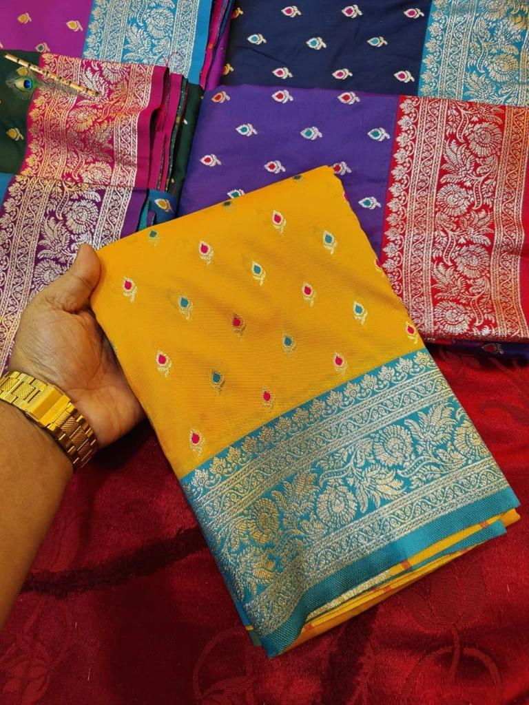 ZTNSS40 Premium Mina Banarasi Soft Silk Saree (Mustard Yellow& Teal Blue Border)