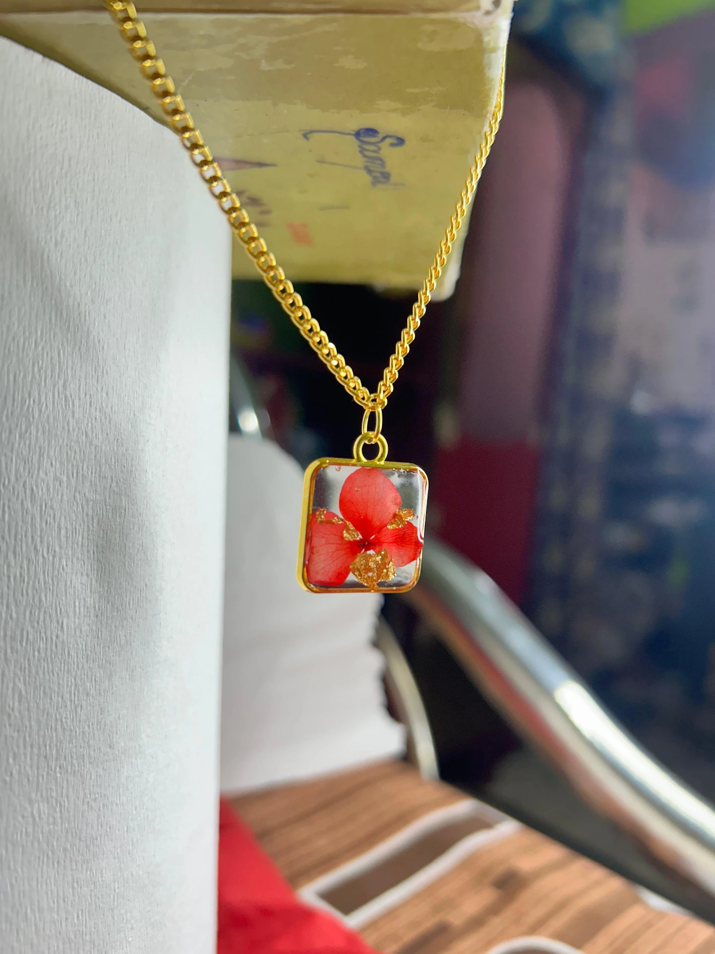 ZTJONE7 Crimson Petal Square Resin Pendant Necklace