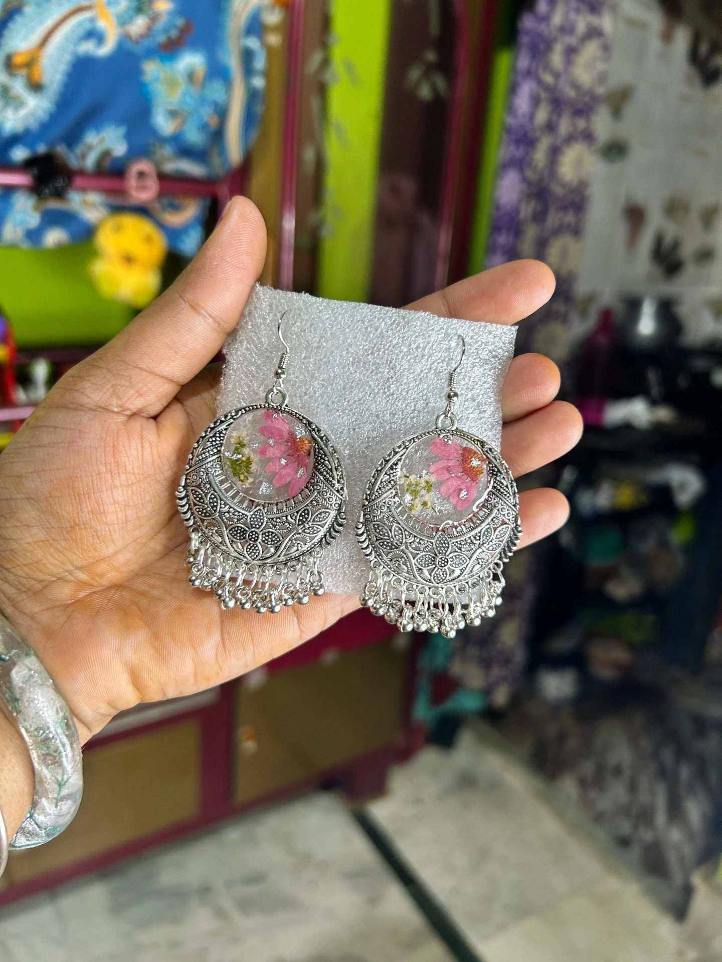ZTJONE8 Pink Bloom Silver Boho Resin Dangle Earrings
