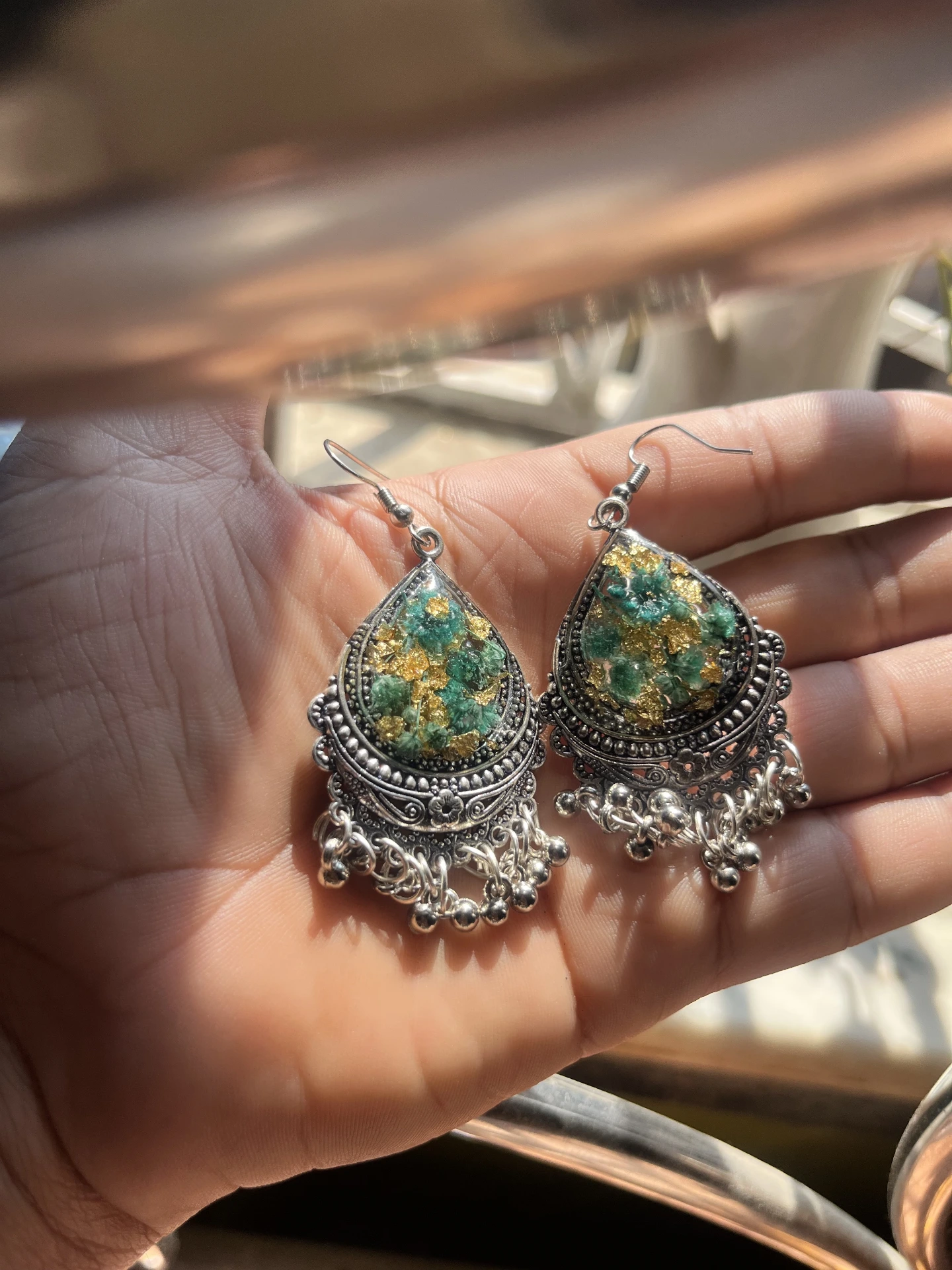 ZTJONE16 Emerald Aura Resin Jhumka Earrings