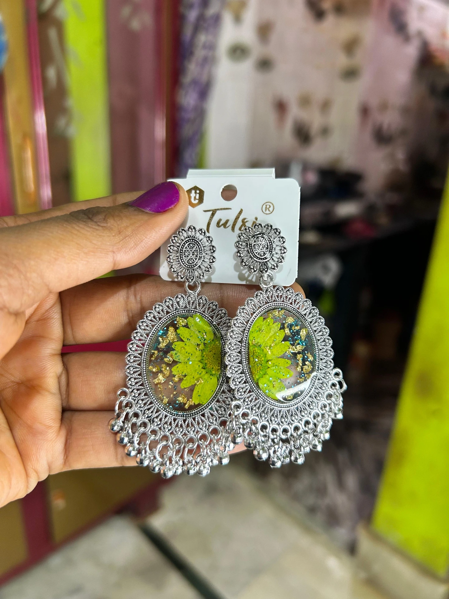 ZTJONE27 Green Floral Resin Chandbali Oxidized Earrings