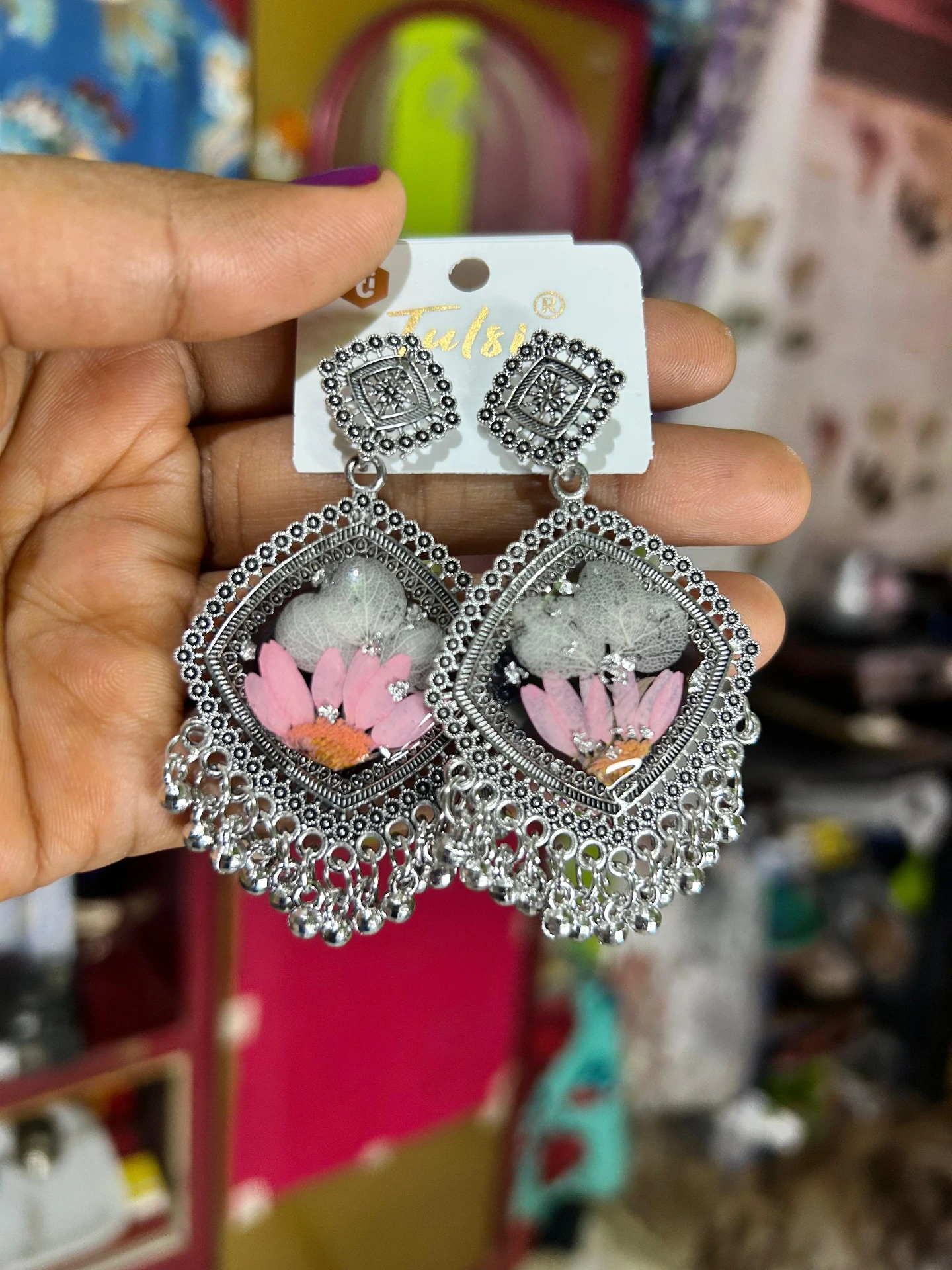 ZTJONE33 Handmade Pressed Flower Resin Dangle Oxidized Earrings