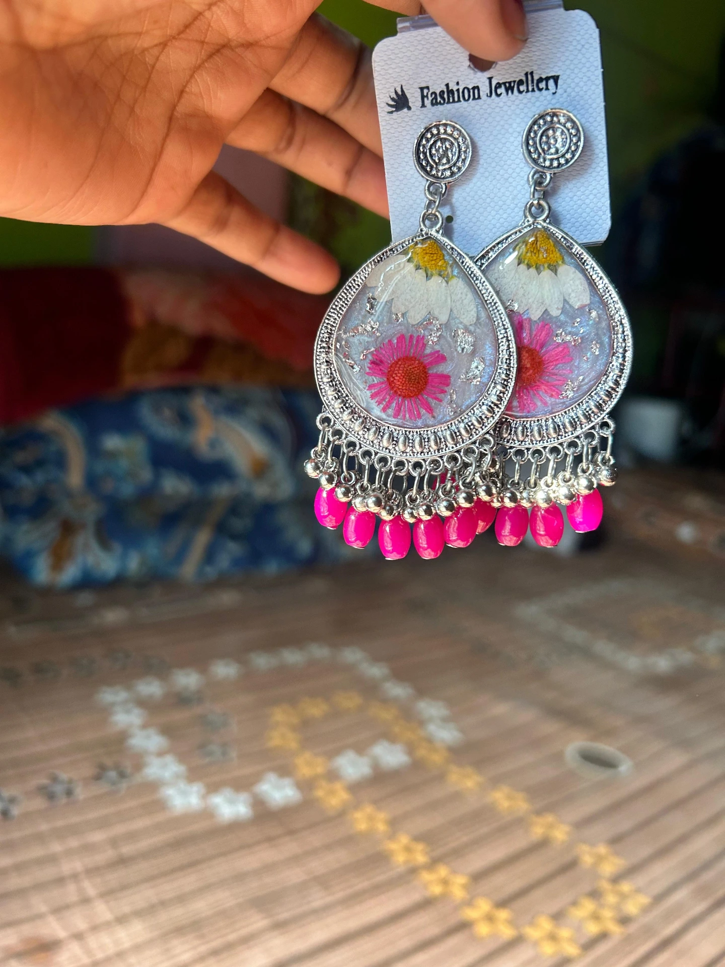 ZTJONE46 Pressed Flower Resin Oxidised Teardrop Earrings