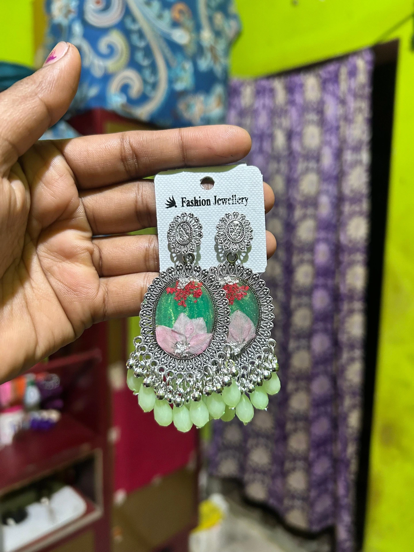 ZTJONE49 Pressed Lotus Flower Resin Oxidised Oval Earrings with Green Beads