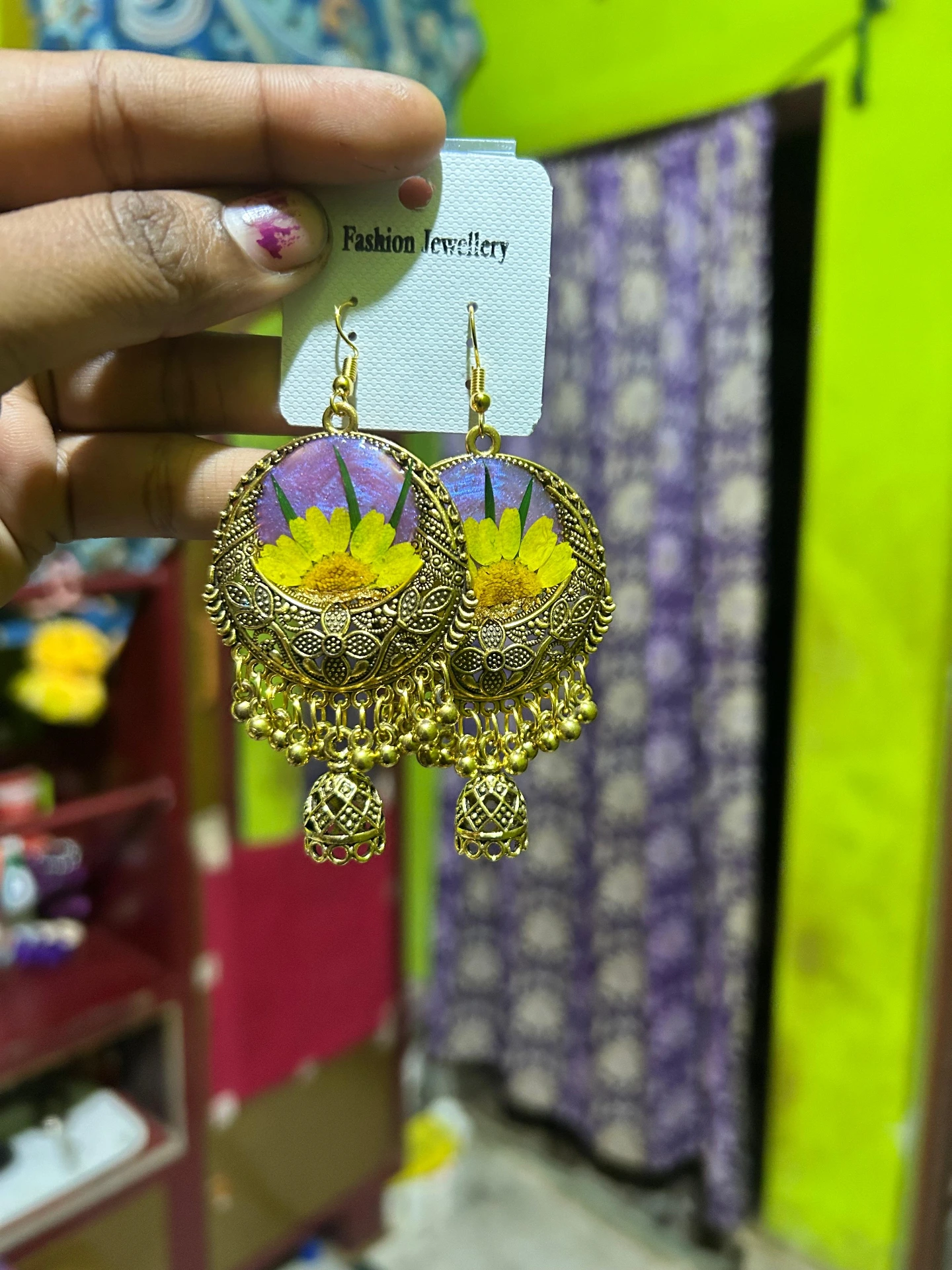 ZTJONE53 Yellow Flower Resin Gold-Tone Jhumka Earrings