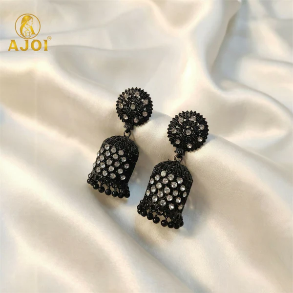 ZTJ51 Black Crystal Studded Jhumka Earrings for Women & Girls.