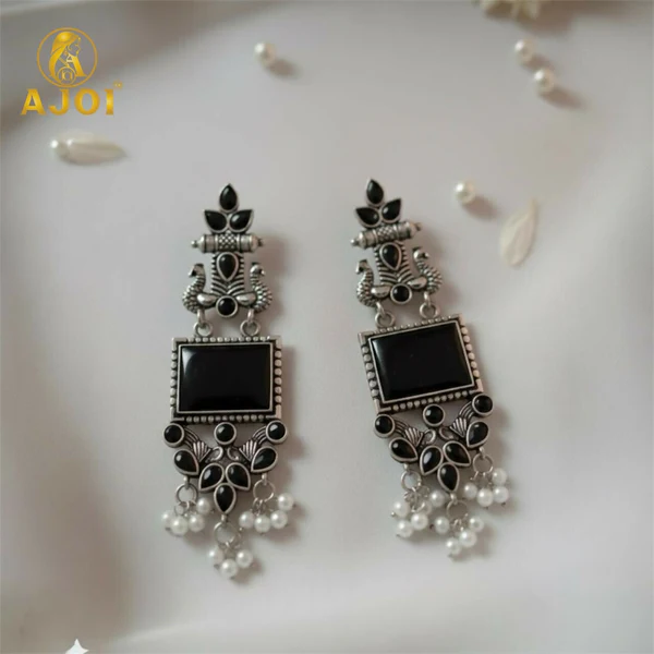 ZTJ52 Antique Black Square Stone Oxidised Silver Ethnic Earrings with Pearl Drops