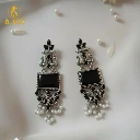 ZTJ52 Antique Black Square Stone Oxidised Silver Ethnic Earrings with Pearl Drops