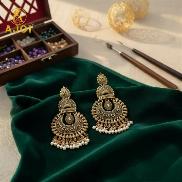ZTJ53 Antique Gold Finish Earrings with Pearl Drops | Traditional Ethnic Jewellery for Women