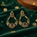 ZTJ54 Antique Gold-Plated Black Stone Floral Chandbali Earrings for Women