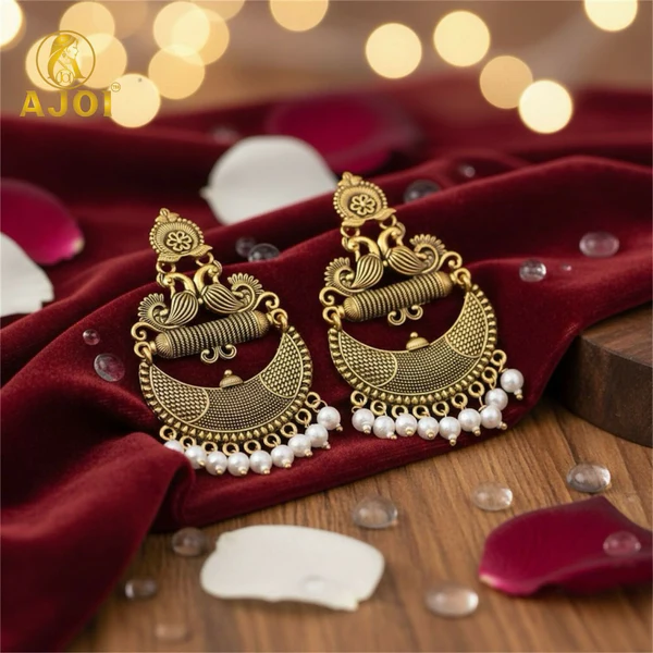 ZTJ55 Antique Gold Tribal Chandbali Earrings with Pearl Drops & Peacock Motif
