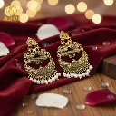 ZTJ55 Antique Gold Tribal Chandbali Earrings with Pearl Drops & Peacock Motif