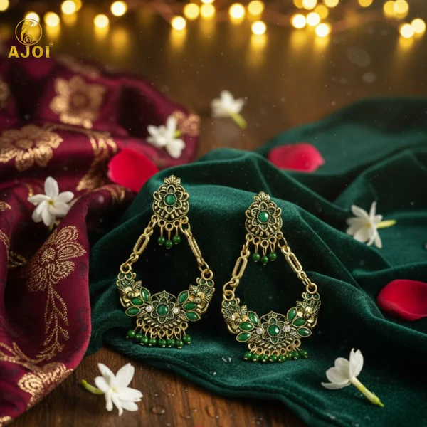 ZTJ56 Antique Gold-Plated Green Stone Floral Chandbali Earrings for Women