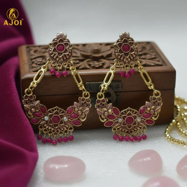 ZTJ57 Antique Gold-Plated Pink Stone Floral Chandbali Earrings for Women
