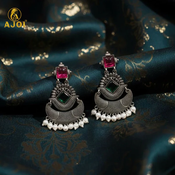 ZTJ58 Antique Silver-Finish Chandbali Earrings with Green & Ruby-Tone Stones and Pearl Drops