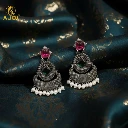 ZTJ58 Antique Silver-Finish Chandbali Earrings with Green & Ruby-Tone Stones and Pearl Drops