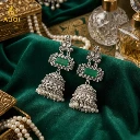 ZTJ59 Imperial Heritage Oxidized Silver Jhumka Earrings with Deep Green Stone Earring