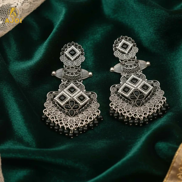 ZTJ61 Oxidized Silver Black Stone Designer Chandbali Earrings for Women